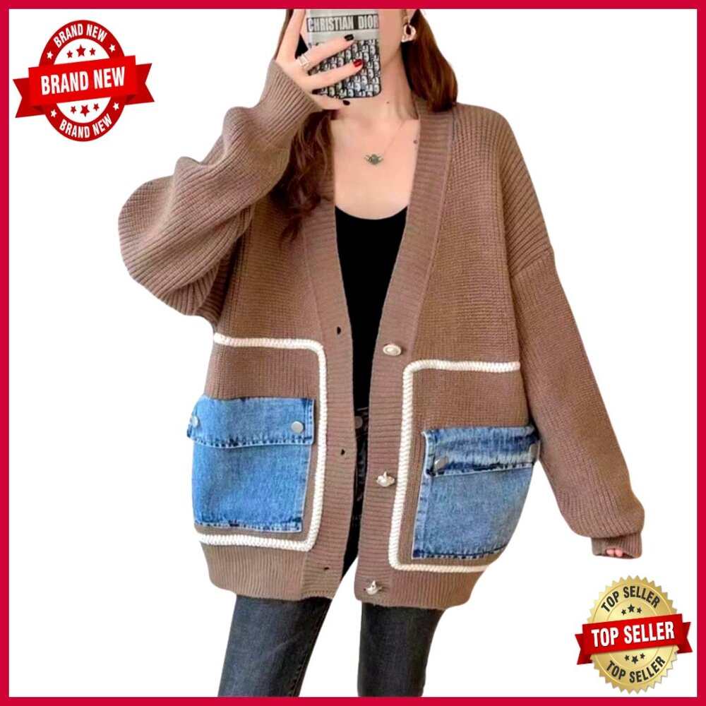 Oversized Button Cardigan with Patchwork Design L… - image 1